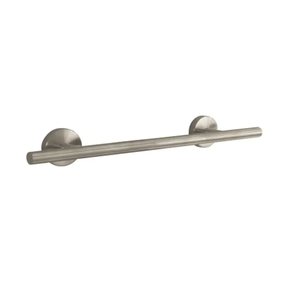Helle Haltestange aus Metall mit gebürsteter Nickel-Oberfläche, montiert an zwei runden Wandbefestigungen, von der Marke Hansgrohe.